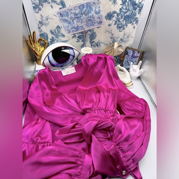 🆕 BRONX & BANCO 🧿 NWOT Bedouin V-Neck Ruffle Mini Dress, Pink Silk - Size L - Picture 2 of 15